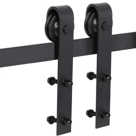 Premium Heavy Duty Sliding Barn Door Hardware Kit Matte Black Adjustable Track System For Single Door rollers and track close-up.