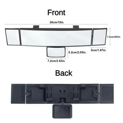 Front and back views of Level Up Your Daily Flow With This Hella Wide Panoramic Rearview Mirror For Tesla Cybertruck.