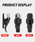 Front, side, and back view of Cannon Surf Fishing Trigger Aid For Sea Casting, Thumb Button And Clip System, black plastic material.