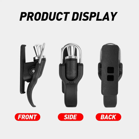 Front, side, and back view of Cannon Surf Fishing Trigger Aid For Sea Casting, Thumb Button And Clip System, black plastic material.
