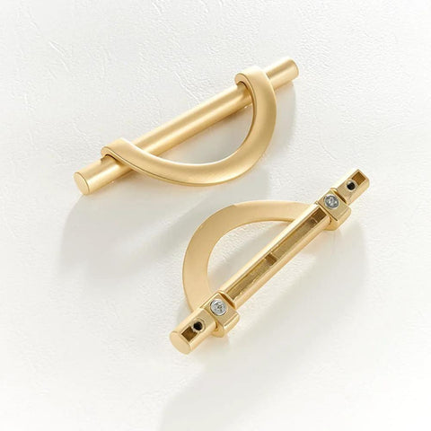 Brushed Gold Half Moon Cabinet Pulls Set of 2, 3.75 Inch Length, top view showing zinc alloy construction.
