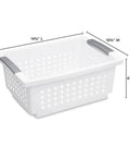10 Pack Medium Stacking Baskets With Open Top For Grab And Go Storage White Plastic Crates Showing Dimensions