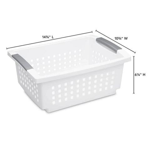 10 Pack Medium Stacking Baskets With Open Top For Grab And Go Storage White Plastic Crates Showing Dimensions