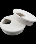 Six Pack White Plastic Desktop Cable Hole Covers With Removable Snap Top Two Point Five Inch Wire Grommets, top view showcasing two grommets.