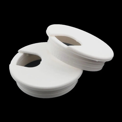 Six Pack White Plastic Desktop Cable Hole Covers With Removable Snap Top Two Point Five Inch Wire Grommets, top view showcasing two grommets.