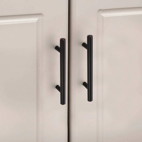 Oil Rubbed Bronze Cabinet Pulls Set 25 Pack 5 Inch Overall Length With 3 Inch (76mm) Hole Centers Solid Kitchen Drawer Handles installed on cabinets