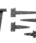 Heavy Duty T Shape Barn Door Hinges Crafted From Sleek Black Iron Deliver Smooth As Butter Sliding Action For Rustic Furniture With Zero Fuss Or Squeaking During Daily Grind Sessions, featuring five black metal components.