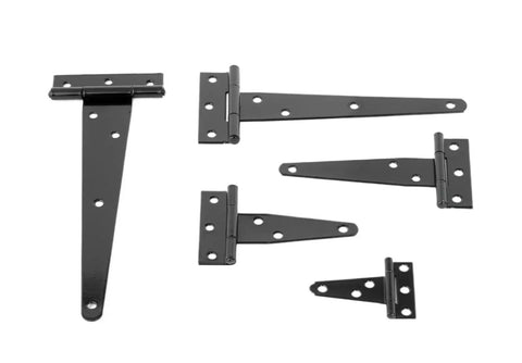 Heavy Duty T Shape Barn Door Hinges Crafted From Sleek Black Iron Deliver Smooth As Butter Sliding Action For Rustic Furniture With Zero Fuss Or Squeaking During Daily Grind Sessions, featuring five black metal components.