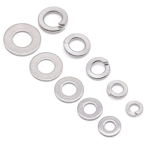 304 Stainless Steel Flat Washers and Lock Washers Set Built to Last, 100 Pcs Total, shown in arranged rows on white background