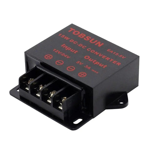 Tailgate Ready DC DC Step Down Buck Converter Voltage Regulator with input and output terminals, ideal for truck audio setups.