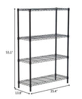 Heavy Duty Hella Sturdy Four Tier Metal Wire Shelving Unit With Adjustable Shelf Levels Badass Black Steel Storage Rack side view with dimensions.