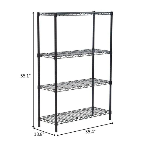 Heavy Duty Hella Sturdy Four Tier Metal Wire Shelving Unit With Adjustable Shelf Levels Badass Black Steel Storage Rack side view with dimensions.