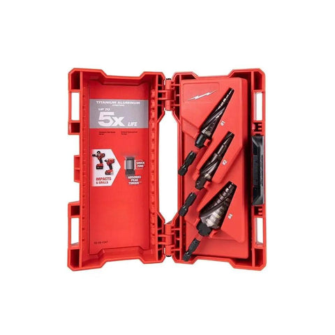 Top Tier Titanium Step Drill Bit Kit For Milwaukee Impact Drivers Rapid Strike Tip Fast Holes Up To 3 Pieces Heavy Duty Metal Working Gear, 3 bits in red case