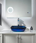 Dope Blue Square Tempered Glass Vessel Sink With Pop Up Drain For Above Counter Vanity Lustrous Deco Glass Finish Modern Top Mount