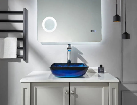 Dope Blue Square Tempered Glass Vessel Sink With Pop Up Drain For Above Counter Vanity Lustrous Deco Glass Finish Modern Top Mount