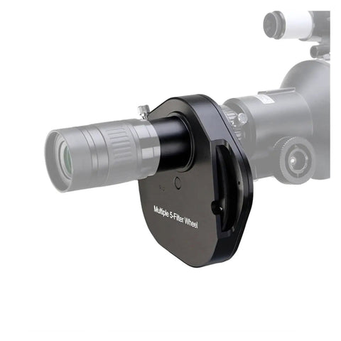 Pro Grade Filter Wheel Gear For Astrophotography With Five Metal Filters attached to telescope for night sky imaging