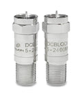 Two Inline F Type RF Coax DC Block Adapters 75 Ohm Impedance 5 MHz To 2400 MHz Two Pack; silver connectors for radios and RF gear