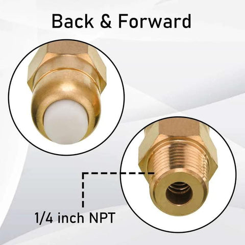 PWACCS pressure washer thermal relief valve kit, brass body with 1/4 inch NPT threads, front and back views, 2-pack