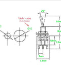 Technical diagram of Premium Mini Toggle Switch Set With Pre Soldered Wires SPST showing dimensions and specifications.