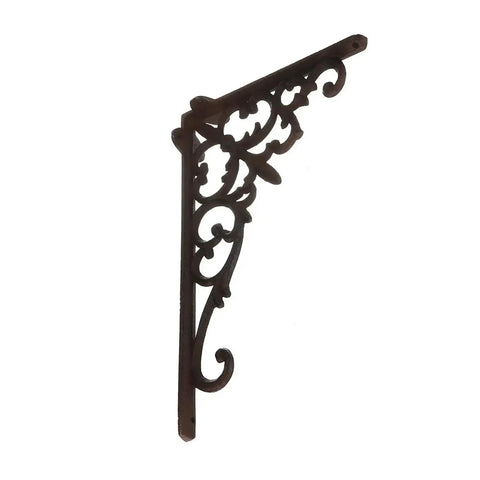 Ornate dark cast iron angle bracket for shelves, part of Six Piece Cast Iron Angle Bracket Beefy Heavy Duty Wall Mount For Adjustable Triangle Shelves.