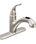 No Fuss Fix With Badass Power Clean Spray And Slick Spot Resist Stainless Finish For Kitchen Or Laundry Sink Quick Connect Tool Free Mount Heavy Duty One Handle Pullout Faucet Setup, stainless steel faucet from side view.