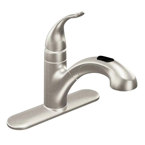 No Fuss Fix With Badass Power Clean Spray And Slick Spot Resist Stainless Finish For Kitchen Or Laundry Sink Quick Connect Tool Free Mount Heavy Duty One Handle Pullout Faucet Setup, stainless steel faucet from side view.