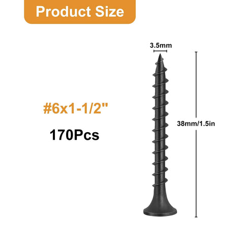 Coarse-Thread Black Drywall Screws 6 X 1-1/2 Inch, 170-Piece Pack For Sheetrock And Wood, Phillips Drive, Heavy-Duty High-Hardness