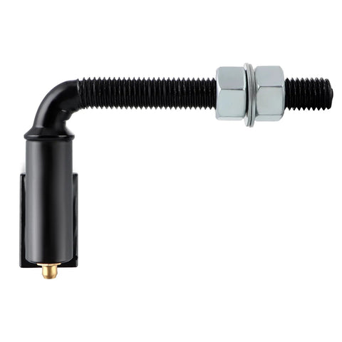 Side view of heavy-duty J-bolt gate hinge with 1/2-inch bolt, black finish, and two nuts.