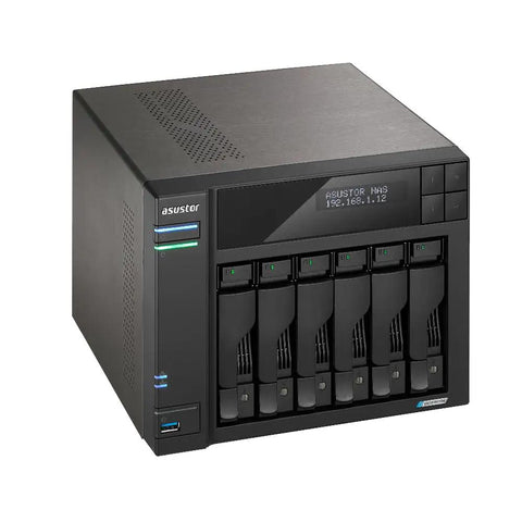 Top Shelf Six Bay Network Attached Storage With Beefy Intel Celeron Processor And Four M2 Nvme Slots Powering Dual Two Point Five Gigabit Ethernet Links Along With Eight Gb Ram And One Terabyte Ssd For No Sweat Backups - NAS server with multiple drive bays and front controls.