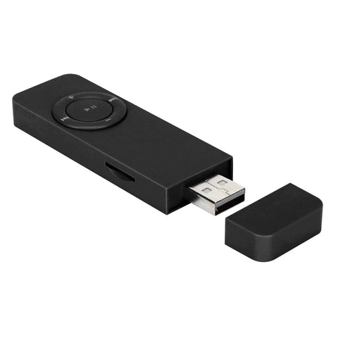 Black Compact Portable MP3 Player With Lanyard, Expandable Memory Up To 32GB, USB connector shown.