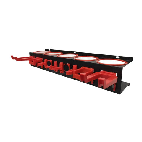 Keep It Tight Galvanized Steel Spray Bottle Holder And Hanging Garage Wall Organizer For Auto Detailing Cleaning Supply Rack, red slots.