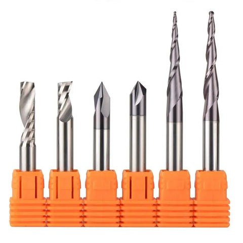 Killer Solid Carbide Router Bits Set For Woodworking Engraving And Milling With 6.35Mm Shank, 8-piece cutting tools with orange holders.