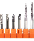 Badass Solid Carbide CNC Router Bits And Milling Cutters Hella Precise For Woodworking eight piece set in orange holders.