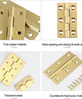 Four Pack Heavy Duty Solid Brass Butt Hinges For Cabinet Doors And Furniture With Rich Gold Finish and No Sweat Mounting Kit, showing details and installation.