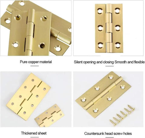 Four Pack Heavy Duty Solid Brass Butt Hinges For Cabinet Doors And Furniture With Rich Gold Finish and No Sweat Mounting Kit, showing details and installation.
