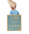 Hand pulling blue towel from Prep Wipe Lint Free Towels Heavy Duty Cloths For Household And Industrial Use Disposable Rags Nonwoven Wipes 300 Pack 9 By 17 Inches Blue Ultra Low Lint For Painting Prep And Tough Cleaning Jobs box