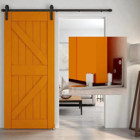 Adjustable Floor Guide For Sliding Barn Doors, Wall And Door Bottom Roller, shown in stainless steel with quiet operation on an orange barn door