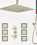 Top Shelf Led Thermostatic Shower System With 16 Inch Ceiling Rainfall And Handheld Sprayer Featuring Six Massage Body Jets In Slick Brushed Nickel Finish For Your Modern Bathroom with shower head, control valve, and sprayers.