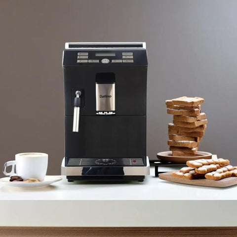 Fully Automatic Espresso Machine With Stainless Steel Cup Warmer And Smart Sensors For Low Water Beans Or Full Grounds Container Customizes Your Go To Drinks, in classic black with coffee cup and snacks.