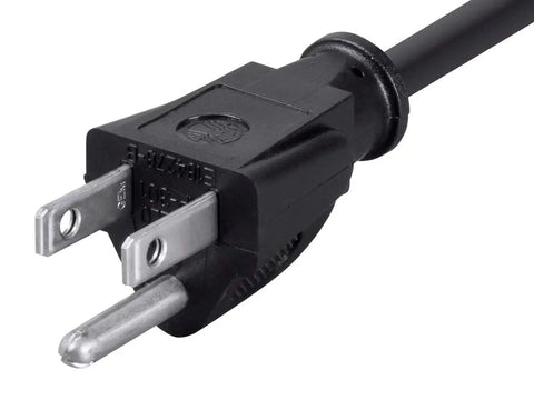 Close-up of a plug on a 6Ft 16AWG Power Extension Cord Cable SJT 16/3C NEMA 5 15P To NEMA 5 15R 13A 125V Black Heavy Duty Extension Cord