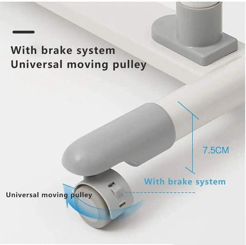 Close-up of Grab And Go Rolling Sit Stand Desk With Smooth Adjustable Tilt showing universal moving pulley with brake system.