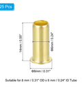 Brass Compression Inserts Kit 25 Piece 8mm OD By 6mm ID Tube Inserts with dimensions and gold-tone finish