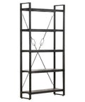 Industrial Five Tier Bookcase With Solid Mango Wood Shelves And Black Powder Coated Steel Frame Seventy Point Nine Inches Tall Durable