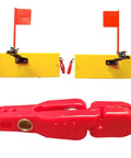 Red heavy-tension snap weight release clip for planer-board fishing; two yellow planer boards with red flags