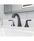 Ladera 8 Inch Widespread Double Handle Bathroom Faucet In Matte Black Sleek Modern Style For Your Sink Solid Brass Construction Easy Install Durable LF-049-LR in modern bathroom setting