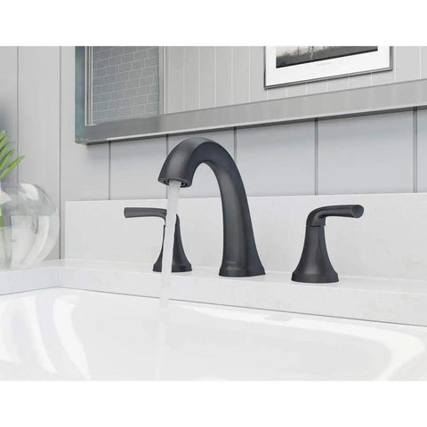 Ladera 8 Inch Widespread Double Handle Bathroom Faucet In Matte Black Sleek Modern Style For Your Sink Solid Brass Construction Easy Install Durable LF-049-LR in modern bathroom setting