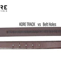 Comparison of Men's Full-Grain Leather Track Belt With Evolve Stainless Steel Buckle Micro Adjustable Hidden Track System and traditional belt holes.
