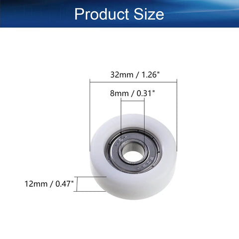 Heavy Duty White Nylon Bearing Pulley Flat Wheel Loaded With Dependable 608Z Ball Bearings For Hella Smooth Gliding On Sliding Doors Closet Hardware And DIY Shop Fixes An Absolute Legend Pack Of Four, showing size dimensions of 32mm, 12mm, 8mm.