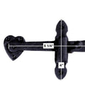 Heart-shaped black wrought iron gate flip latch set with rust-resistant finish, 4-inch size, shown with dimensions for barn or fence gates.