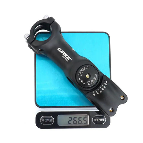 Adjustable 25.4mm Bike Stem 110mm, 0-60 Degree Tilt, CNC 6061 Aluminum MTB Stem on scale, showing 266.5 grams
